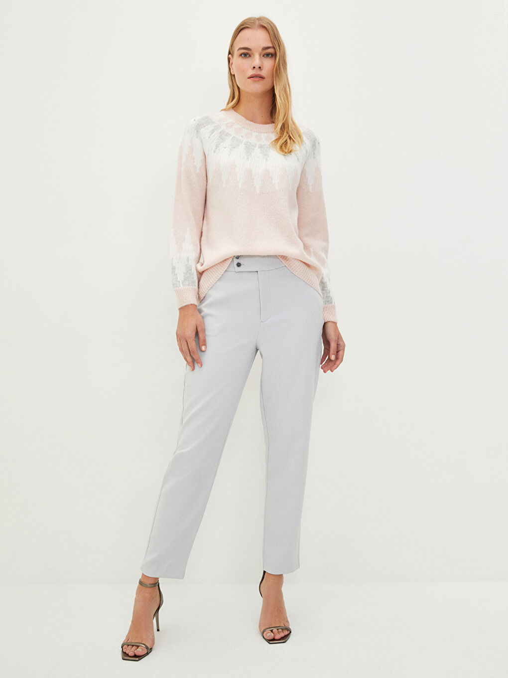 әйелдерге арналған дөңгелек жағалы өрнекті ұзын жең трикотаж жемпір-3