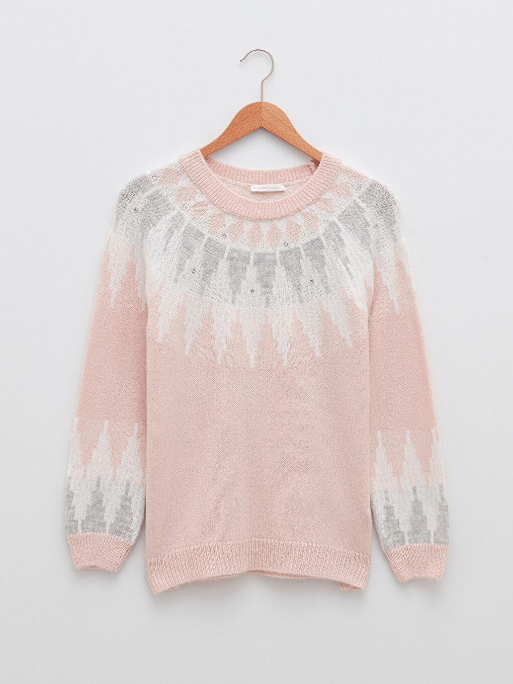 әйелдерге арналған дөңгелек жағалы өрнекті ұзын жең трикотаж жемпір-5