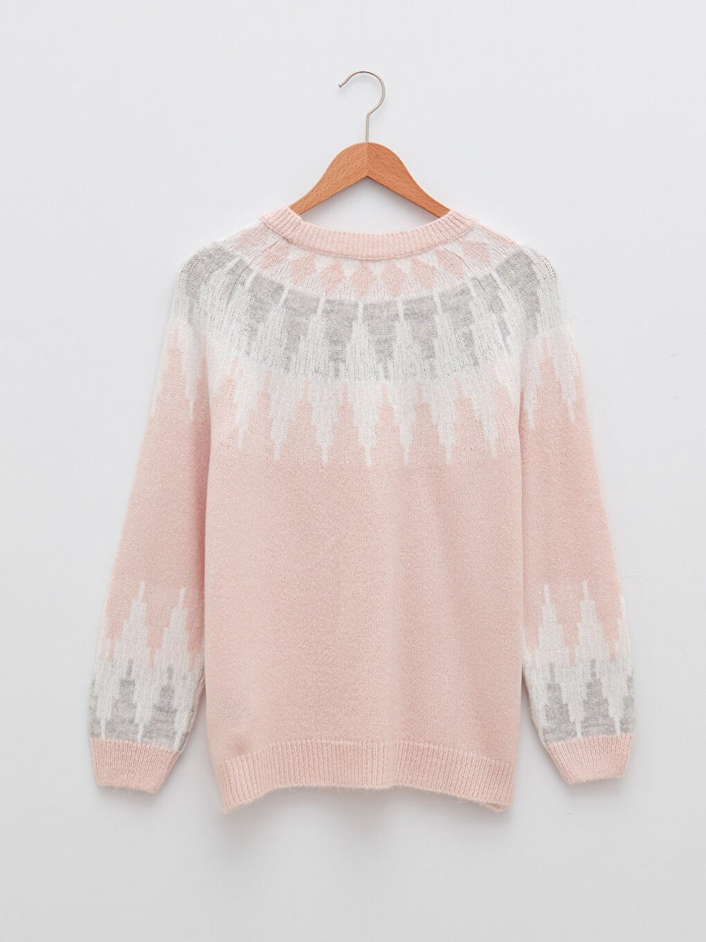 әйелдерге арналған дөңгелек жағалы өрнекті ұзын жең трикотаж жемпір-6