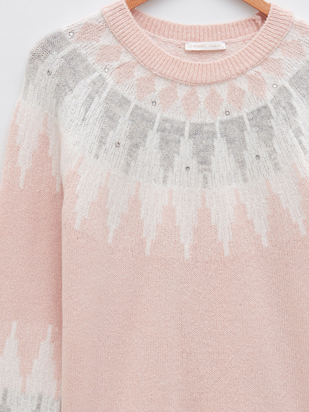 әйелдерге арналған дөңгелек жағалы өрнекті ұзын жең трикотаж жемпір-7