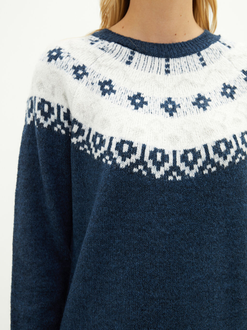 İndigo Bisiklet Yaka Kendinden Desenli Uzun Kollu Kadın Triko Tunik-3