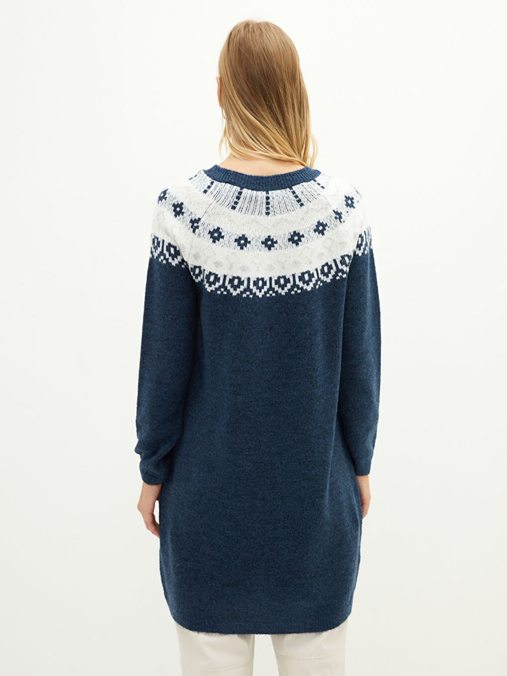 İndigo Bisiklet Yaka Kendinden Desenli Uzun Kollu Kadın Triko Tunik-4