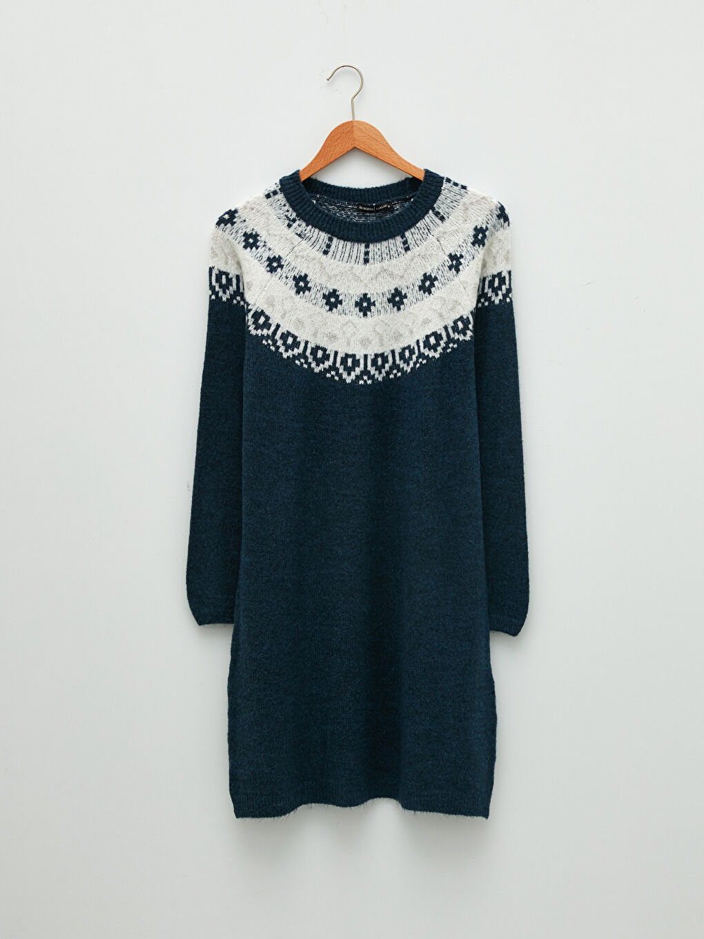 İndigo Bisiklet Yaka Kendinden Desenli Uzun Kollu Kadın Triko Tunik-5