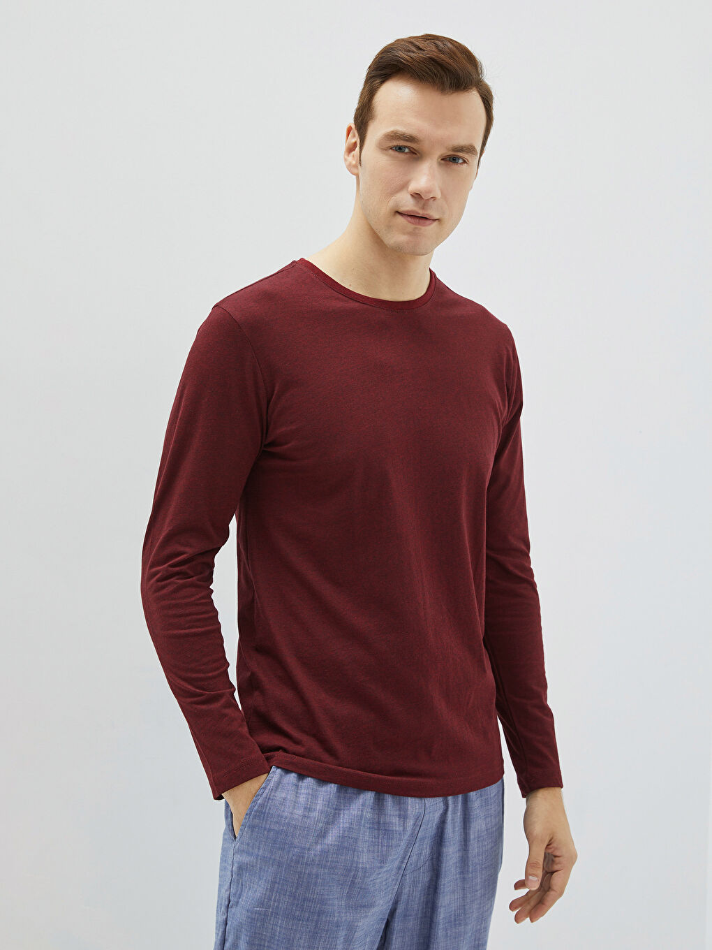 Bordo Bisiklet Yaka Uzun Kollu Erkek Pijama Üst