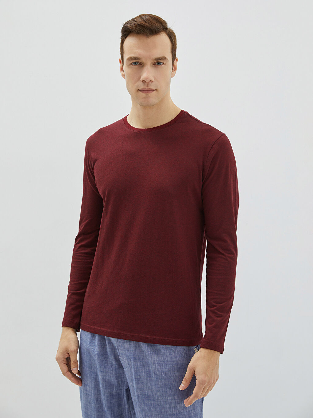 Bordo Bisiklet Yaka Uzun Kollu Erkek Pijama Üst-1