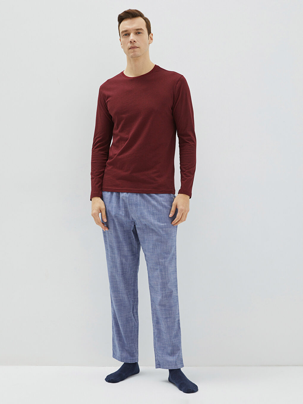 Bordo Bisiklet Yaka Uzun Kollu Erkek Pijama Üst-2