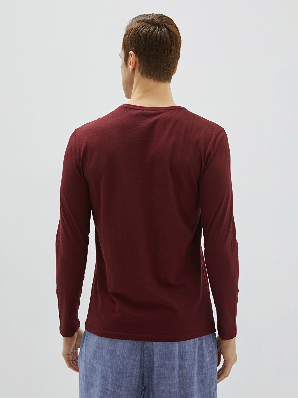 Bordo Bisiklet Yaka Uzun Kollu Erkek Pijama Üst-4