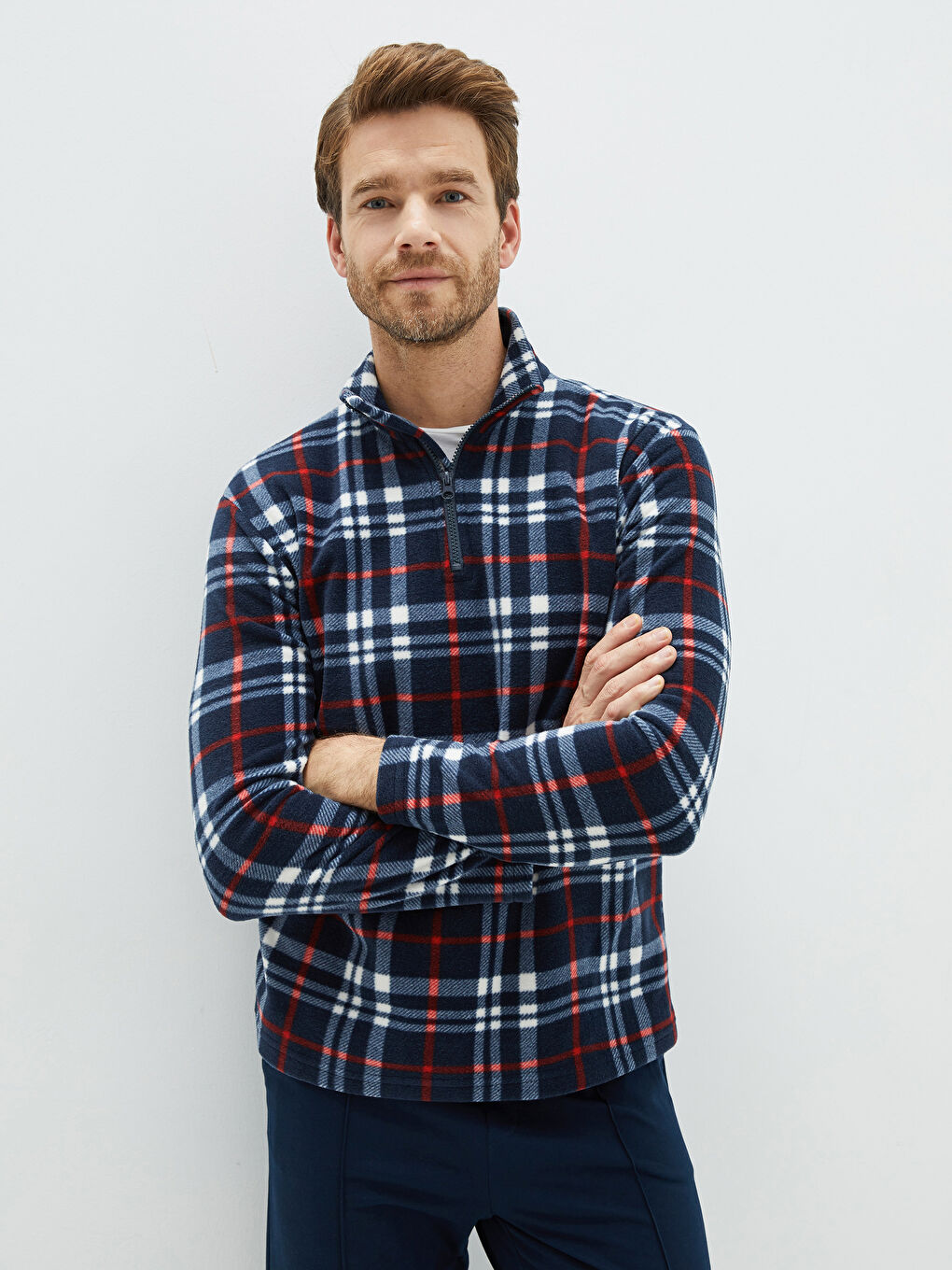 Lacivert Standart Kalıp Ekose Polar Erkek Pijama Üst