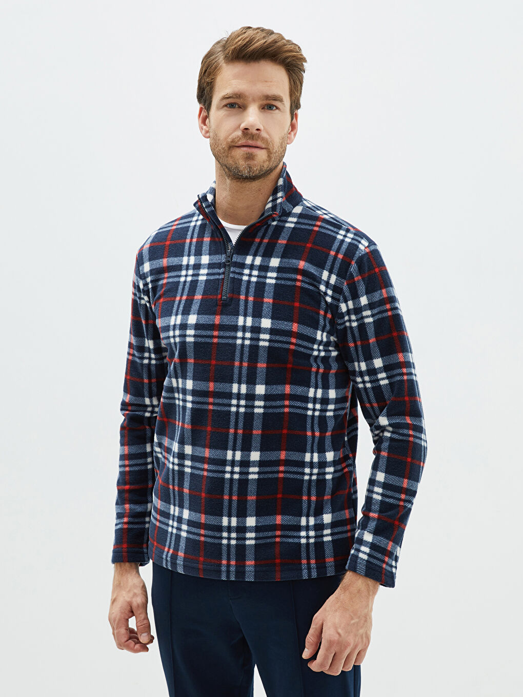 Lacivert Standart Kalıp Ekose Polar Erkek Pijama Üst-1