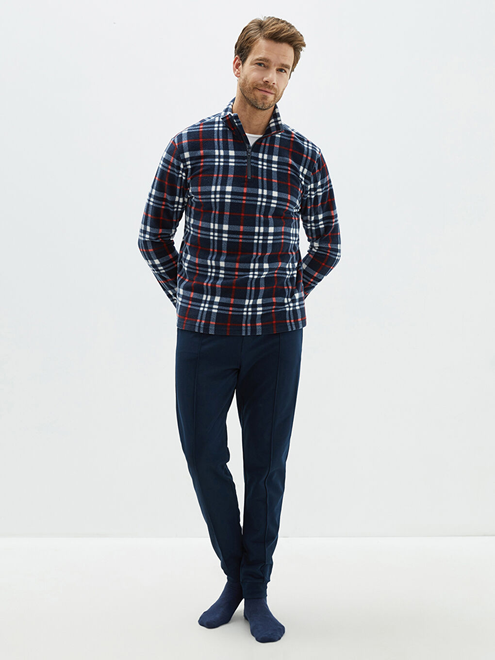 Lacivert Standart Kalıp Ekose Polar Erkek Pijama Üst-2