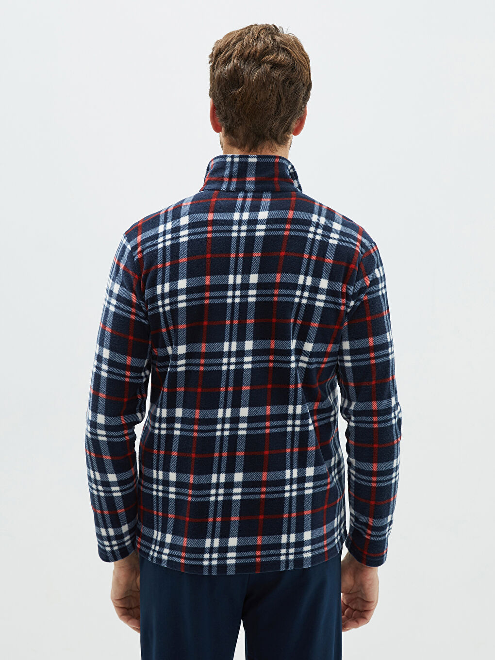 Lacivert Standart Kalıp Ekose Polar Erkek Pijama Üst-4