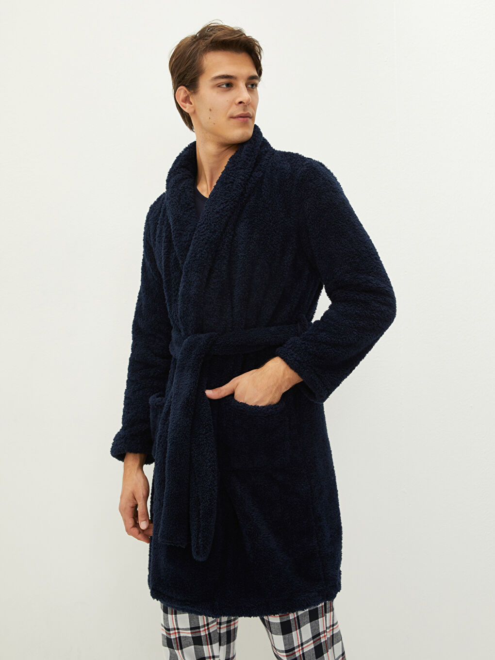 Double Breasted Collar Belted Plush Dressing Gown