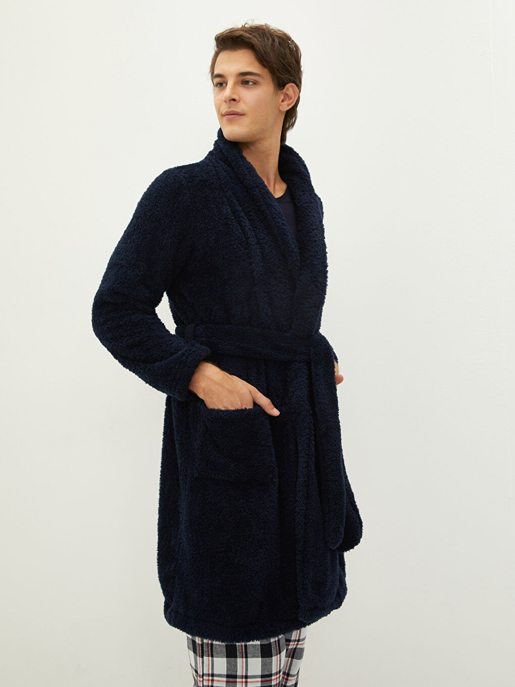 Double Breasted Collar Belted Plush Dressing Gown-1