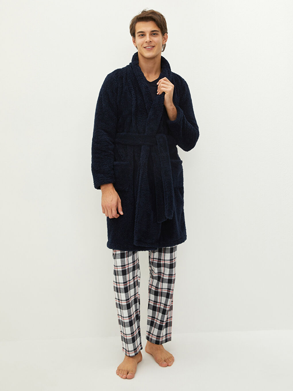 Double Breasted Collar Belted Plush Dressing Gown-2