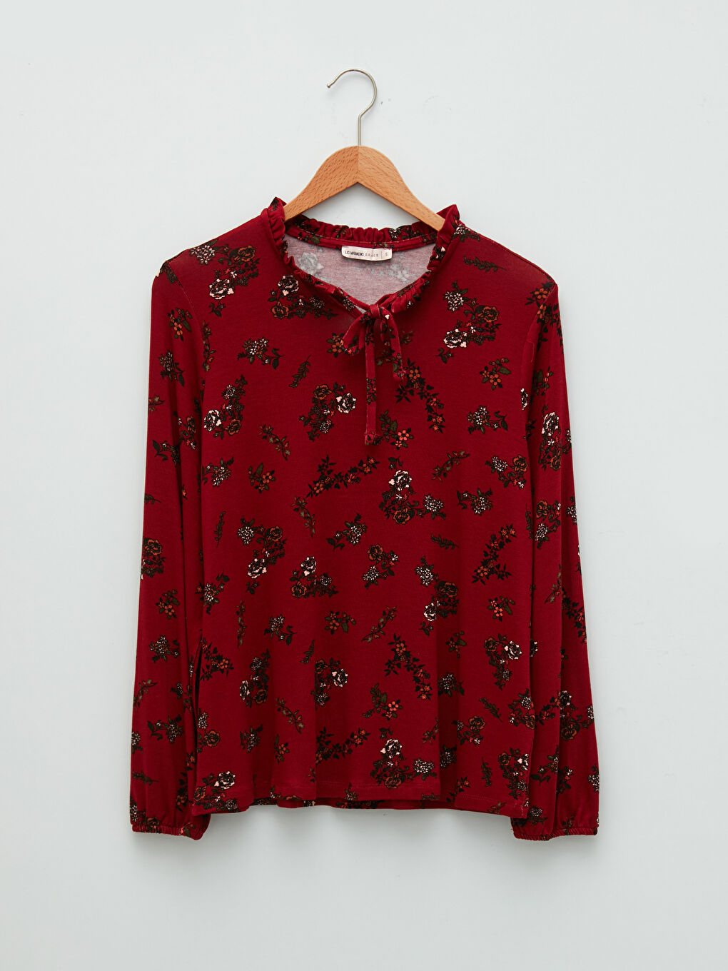 Kırmızı Bağlamalı Yaka Desenli Uzun Kollu Kadın Bluz-4