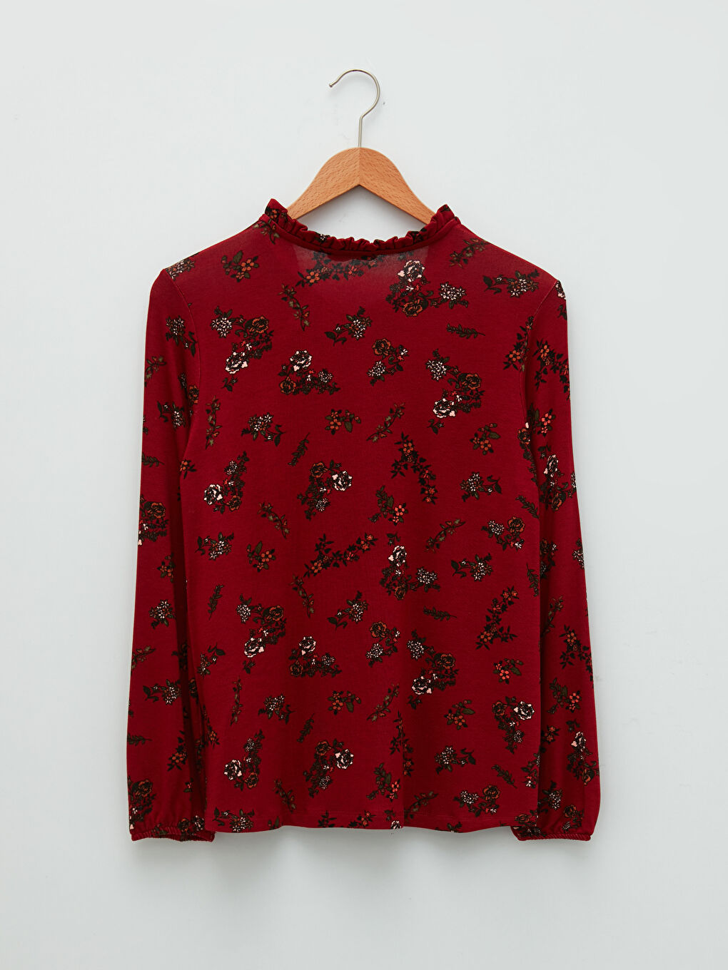 Kırmızı Bağlamalı Yaka Desenli Uzun Kollu Kadın Bluz-5