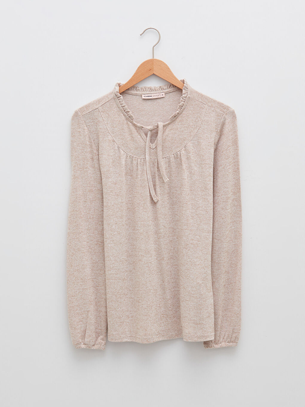 Bej Fırfırlı Bağlamalı Yaka Düz Uzun Kollu Kadın Bluz-5