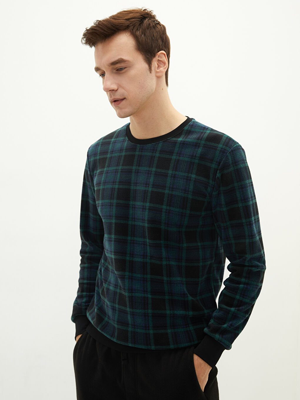 Standard Pattern Plaid Fleece Men's Pajama Top-1