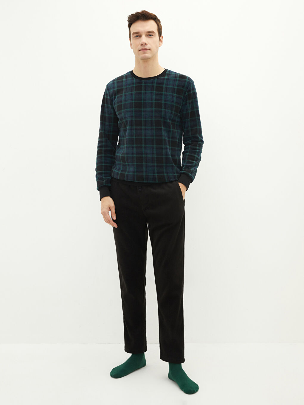 Standard Pattern Plaid Fleece Men's Pajama Top-2