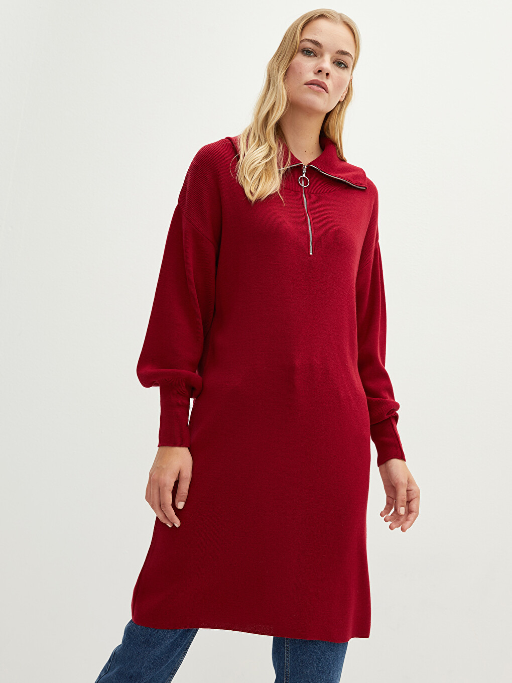 Shawl Collar Straight Long Sleeve Women's Knitwear Tunic-1