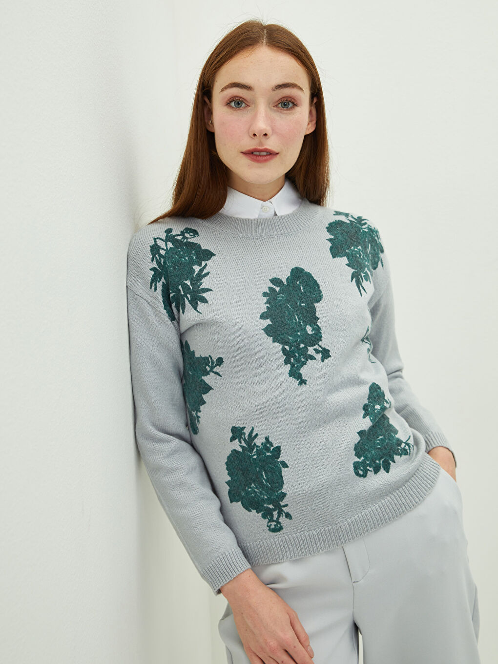 LCWAIKIKI Classic Crew Neck Printed Long Sleeve Women's Tricot Sweater -W1FT79Z8-D2X