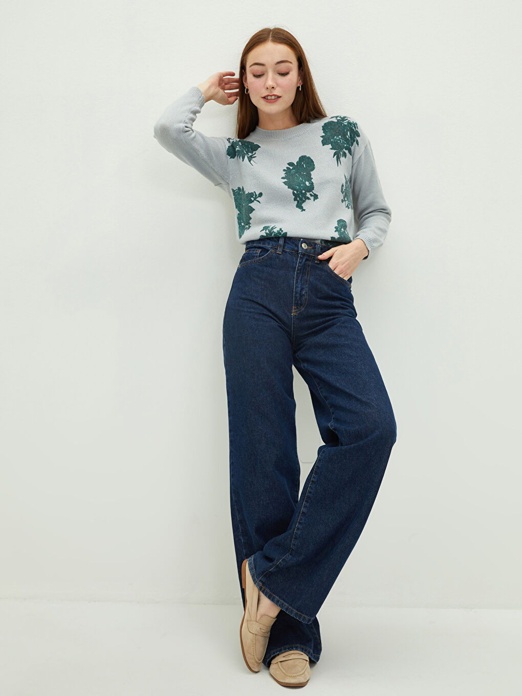 LCWAIKIKI Classic Crew Neck Printed Long Sleeve Women's Tricot Sweater -W1FT79Z8-D2X
