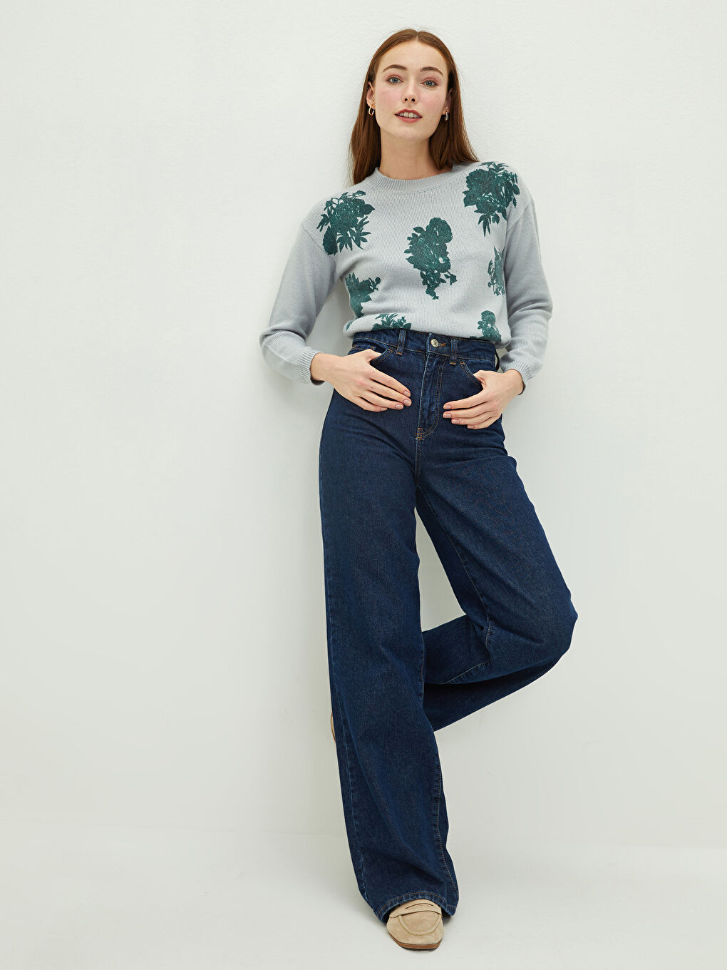 LCWAIKIKI Classic Crew Neck Printed Long Sleeve Women's Tricot Sweater -W1FT79Z8-D2X