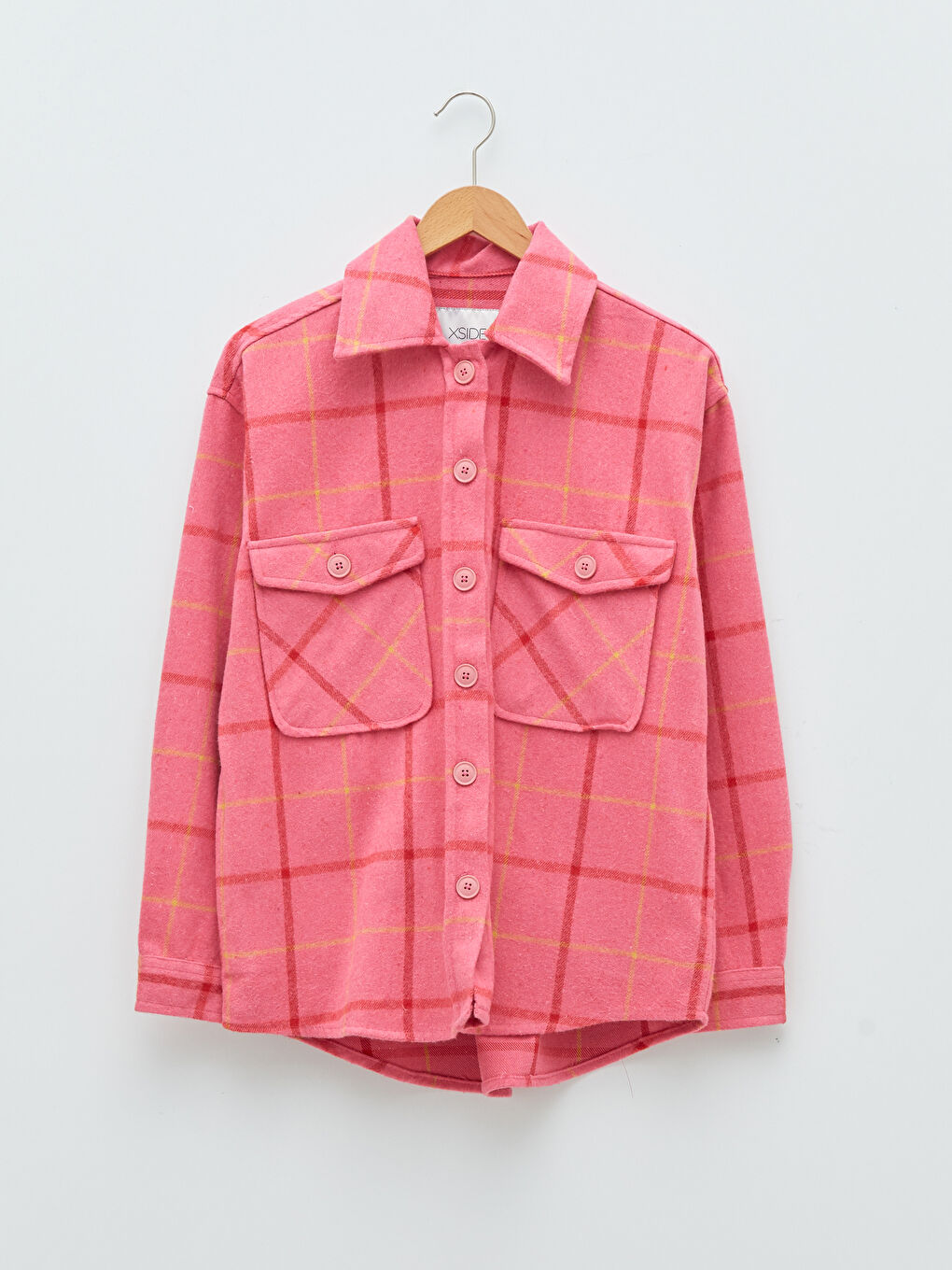 Pembe Önden Düğme Kapamalı Cep Detaylı Ekose Uzun Kollu Kadın Gömlek Ceket-5
