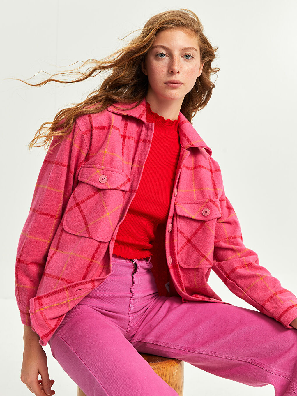 Pembe Önden Düğme Kapamalı Cep Detaylı Ekose Uzun Kollu Kadın Gömlek Ceket