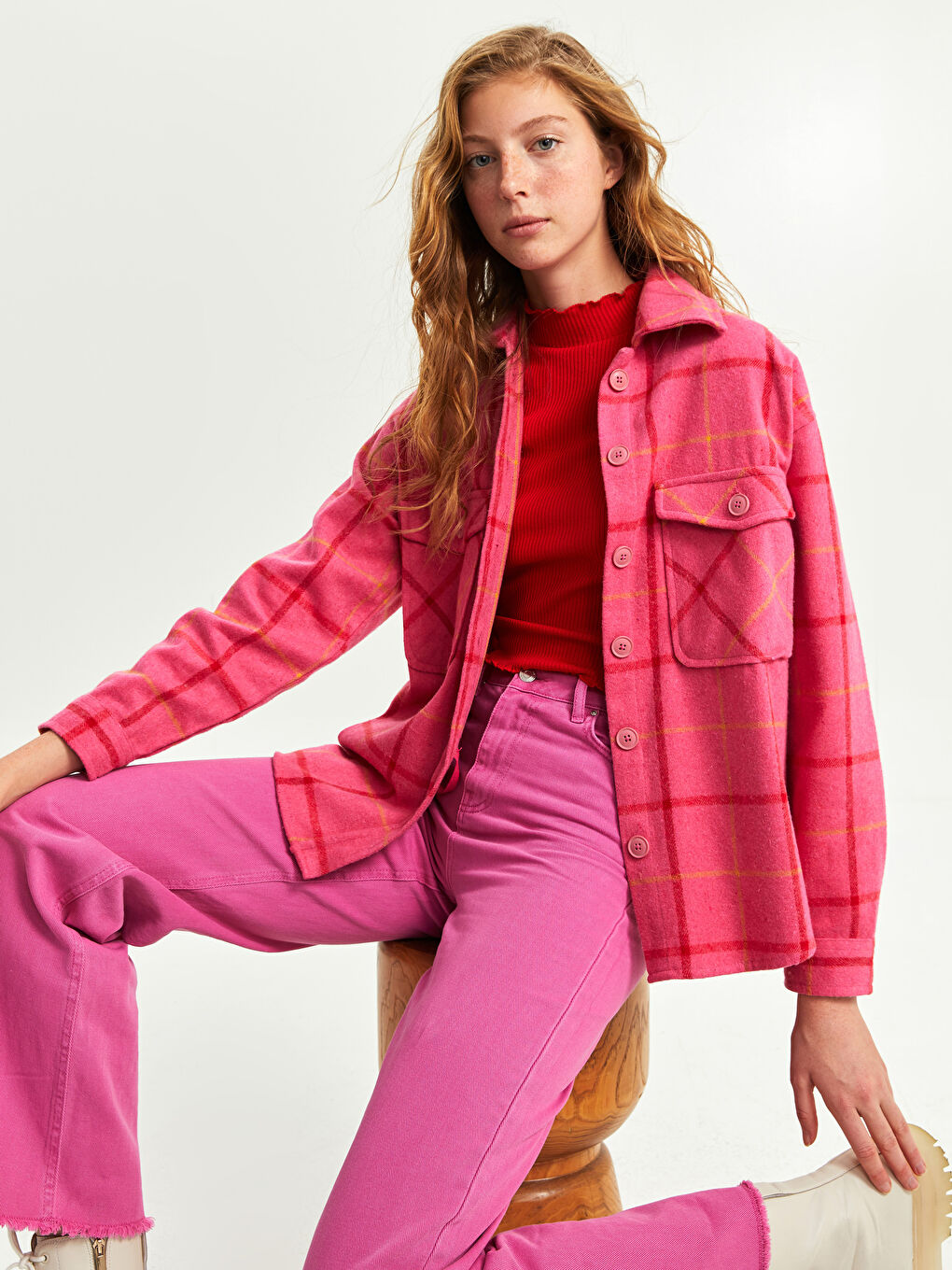 Pembe Önden Düğme Kapamalı Cep Detaylı Ekose Uzun Kollu Kadın Gömlek Ceket-1
