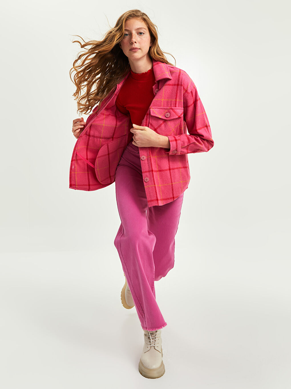 Pembe Önden Düğme Kapamalı Cep Detaylı Ekose Uzun Kollu Kadın Gömlek Ceket-3