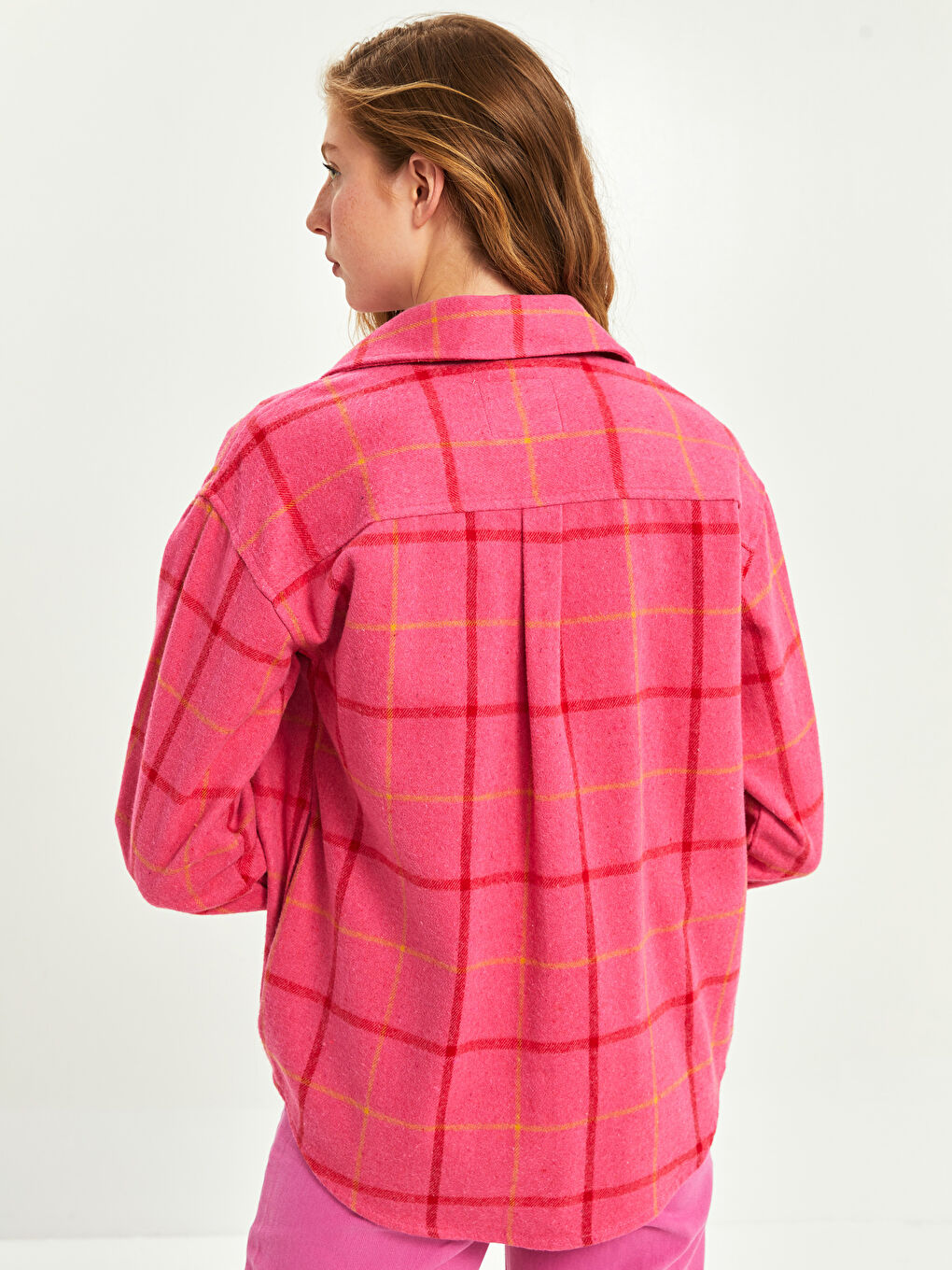 Pembe Önden Düğme Kapamalı Cep Detaylı Ekose Uzun Kollu Kadın Gömlek Ceket-4