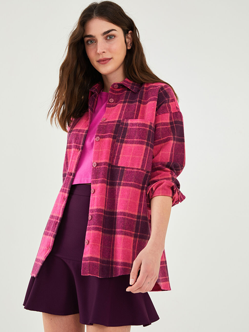 Рубашка-Куртка Женская Клетчатая С Длинным Рукавом И Карманами На Пуговицах-1