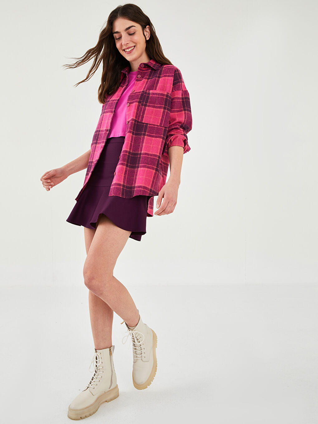 Рубашка-Куртка Женская Клетчатая С Длинным Рукавом И Карманами На Пуговицах-2