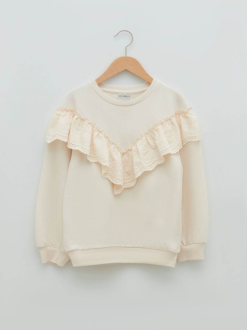 Дөңгелек жағалы бүрмелі ирек жиекті ұзын жеңді қыздарға арналған свитшот