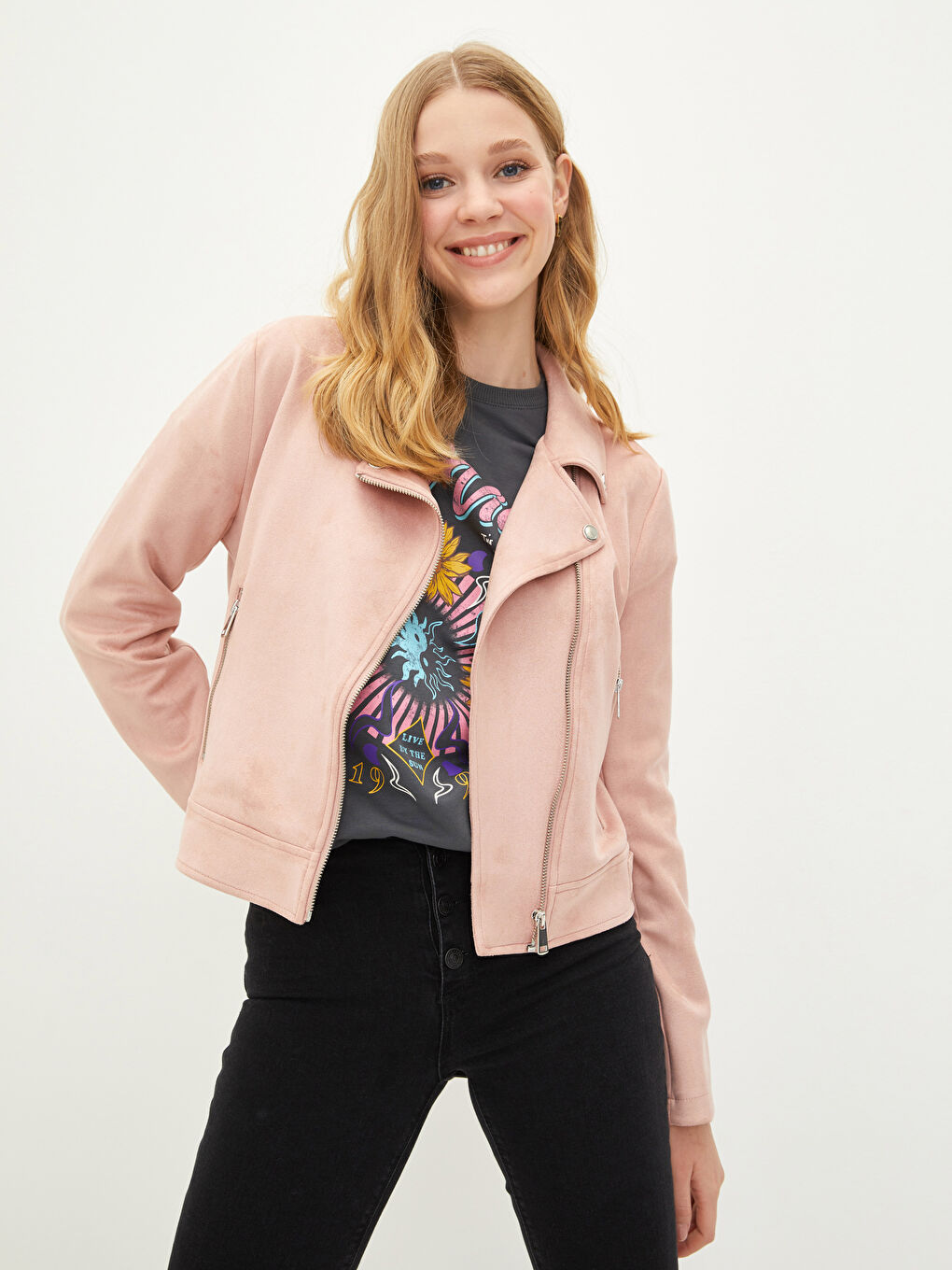 Pembe Biker Yaka Düz Önden Fermuarlı Cep Detaylı Uzun Kollu Süet İnce Kadın Mont