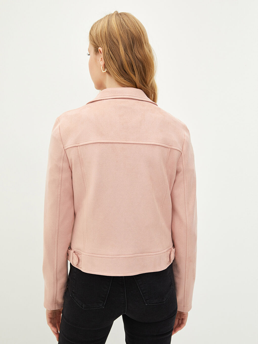 Pembe Biker Yaka Düz Önden Fermuarlı Cep Detaylı Uzun Kollu Süet İnce Kadın Mont-4