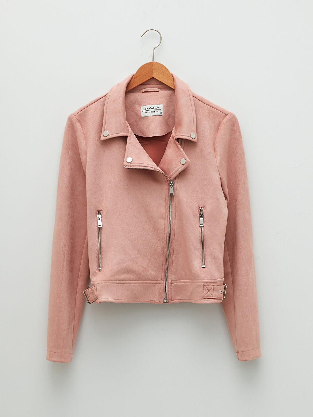 Pembe Biker Yaka Düz Önden Fermuarlı Cep Detaylı Uzun Kollu Süet İnce Kadın Mont-5