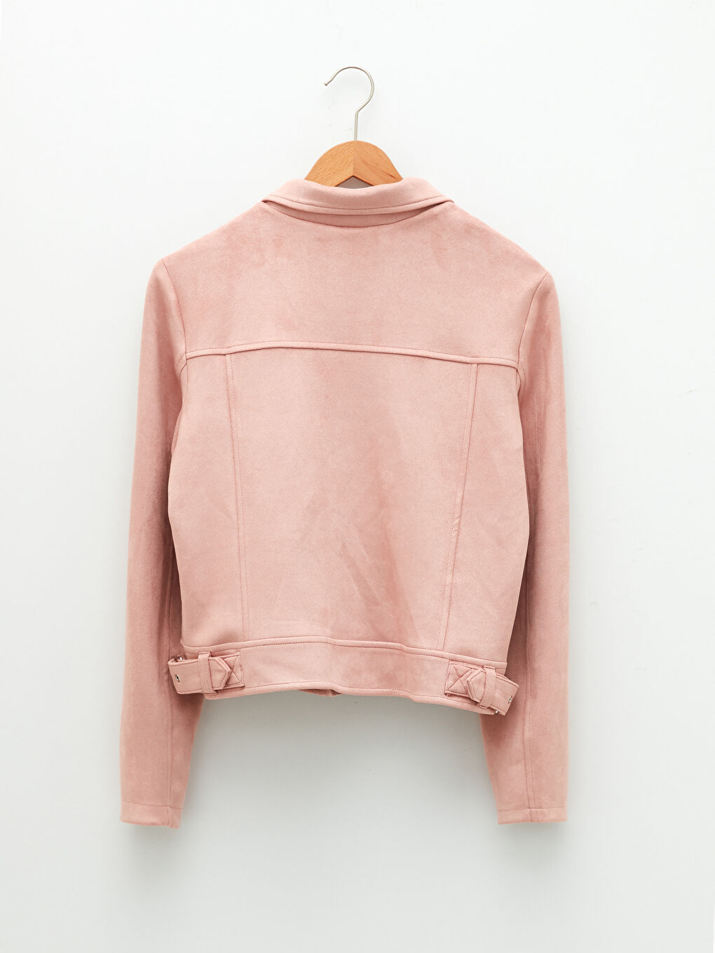 Pembe Biker Yaka Düz Önden Fermuarlı Cep Detaylı Uzun Kollu Süet İnce Kadın Mont-6