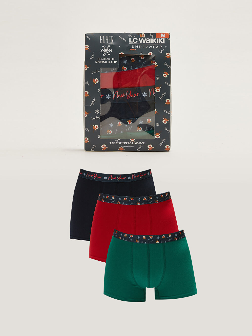 Kırmızı Standart Kalıp Yılbaşı Temalı Erkek Boxer 3'lü