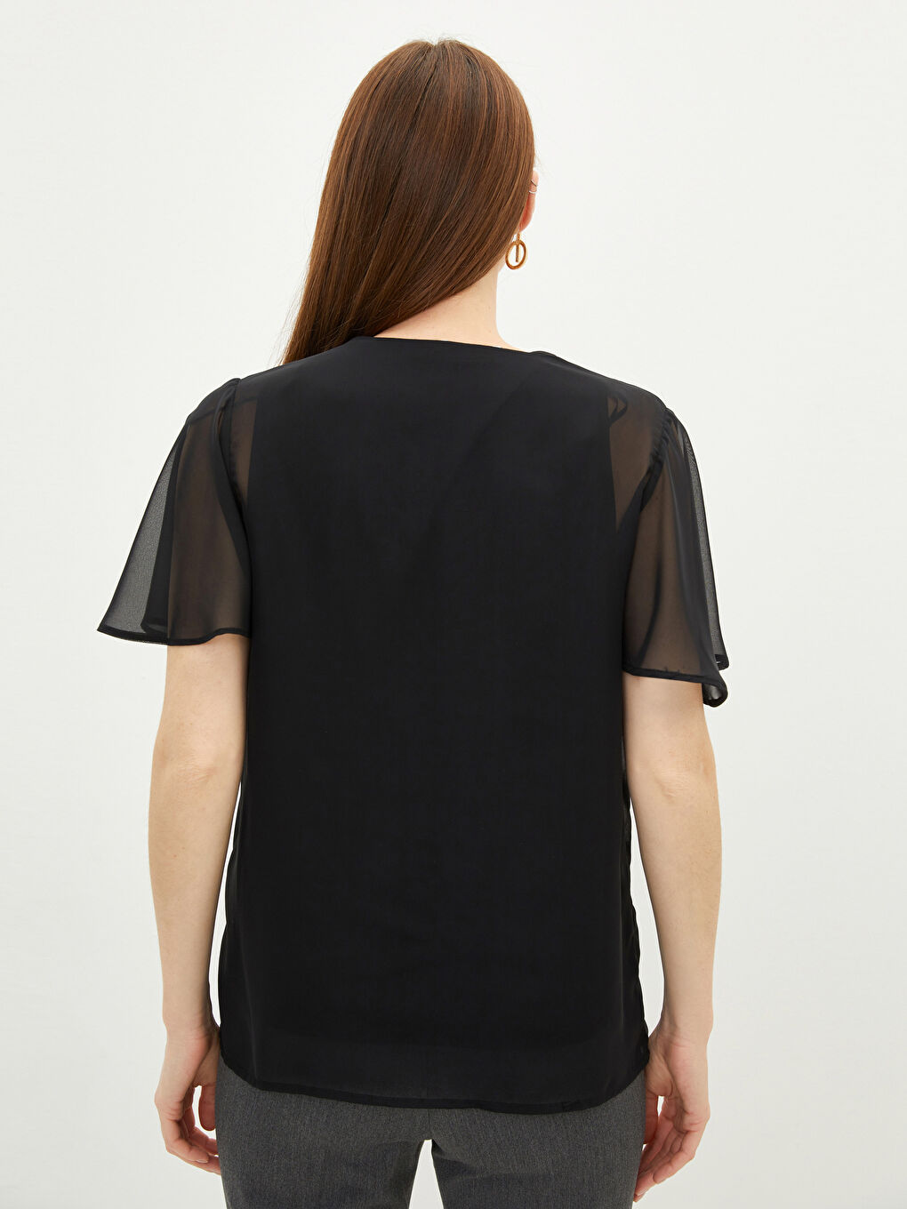 Siyah V Yaka Düz Kısa Kollu Şifon Kadın Bluz-3