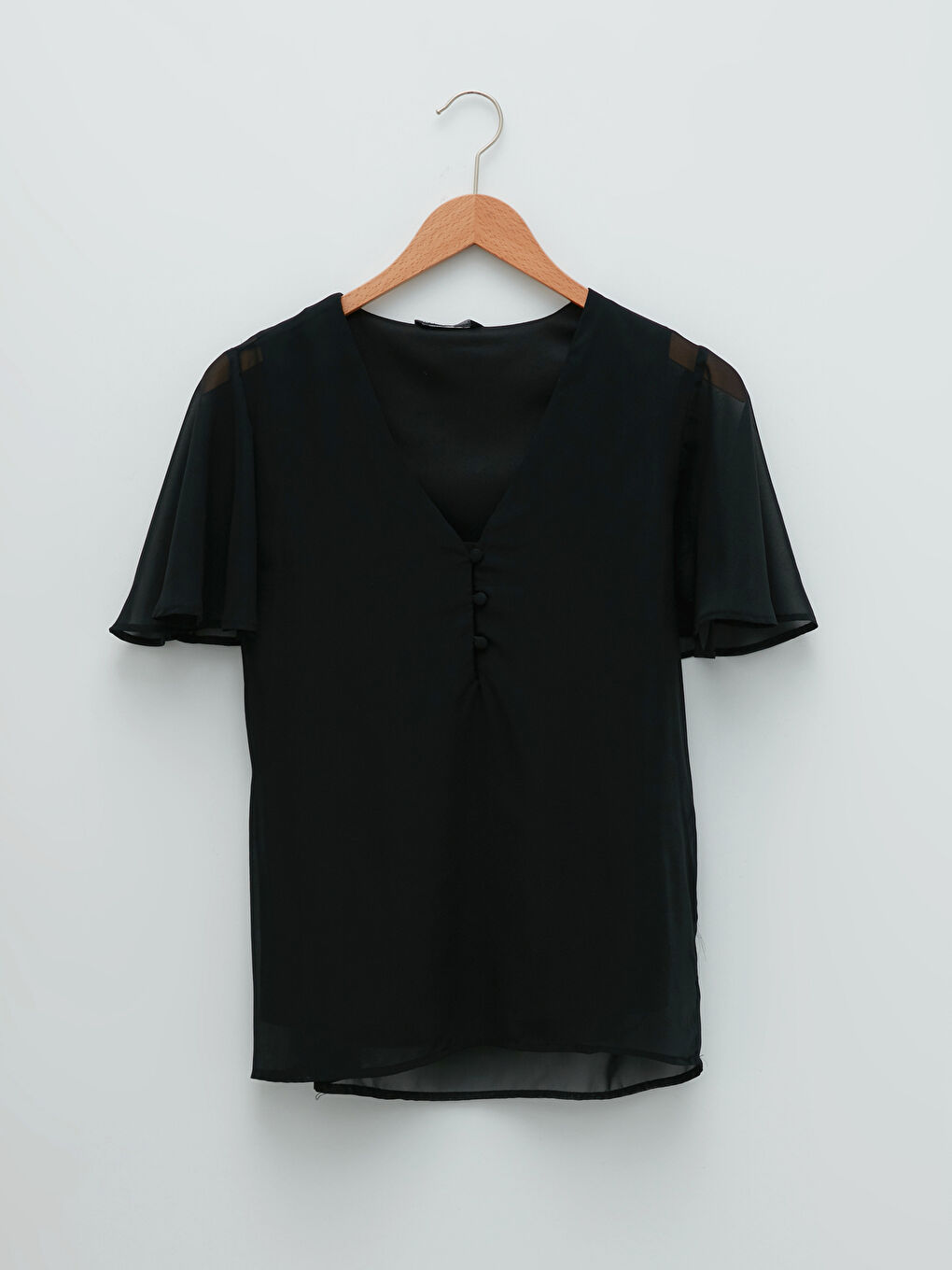 Siyah V Yaka Düz Kısa Kollu Şifon Kadın Bluz-4