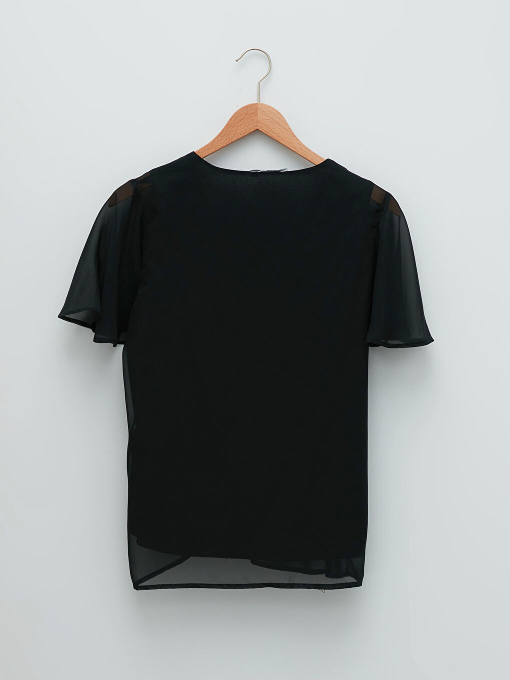 Siyah V Yaka Düz Kısa Kollu Şifon Kadın Bluz-5