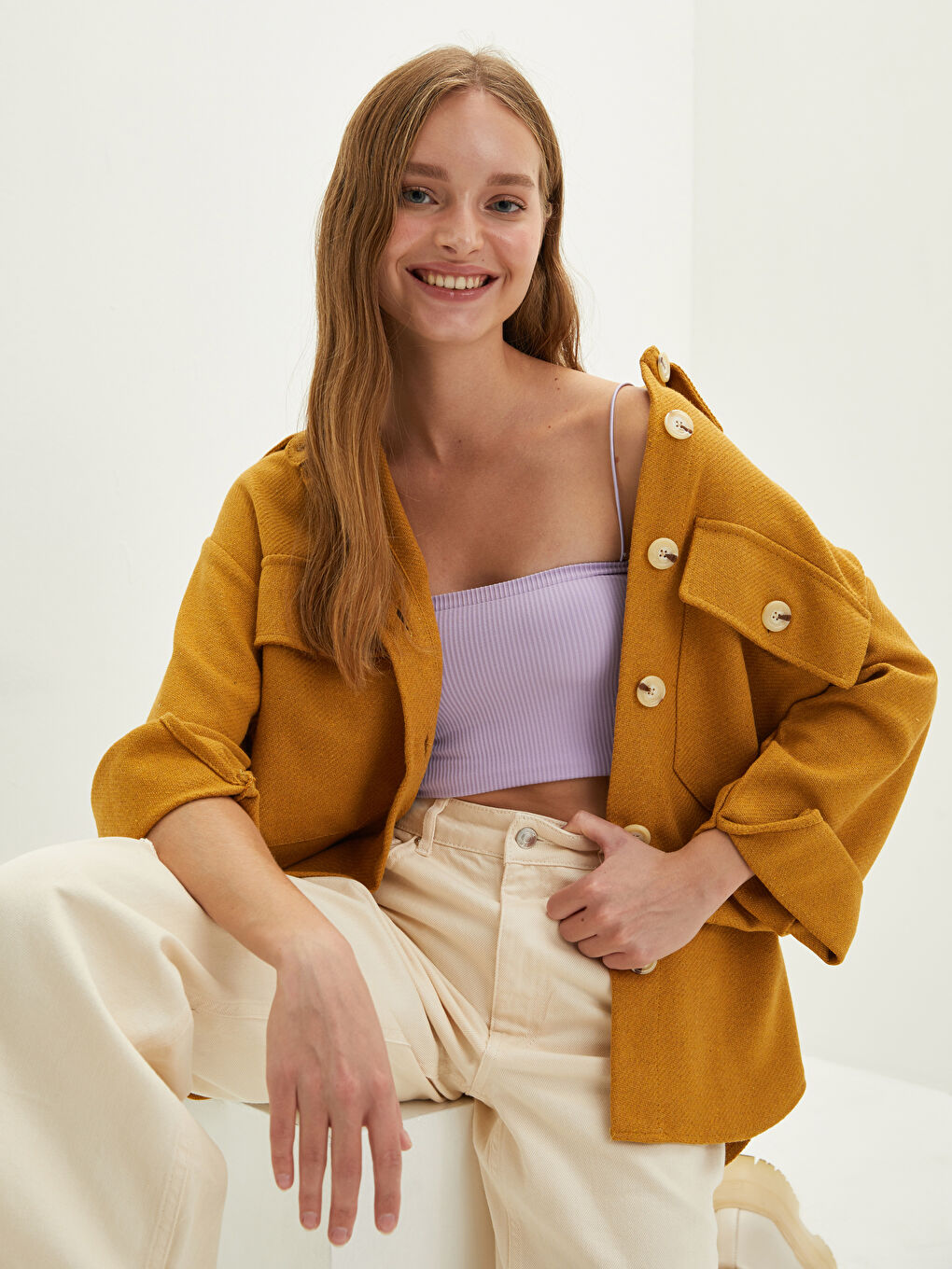 Sarı Önden Düğme Kapamalı Uzun Kollu Kadın Gömlek Ceket