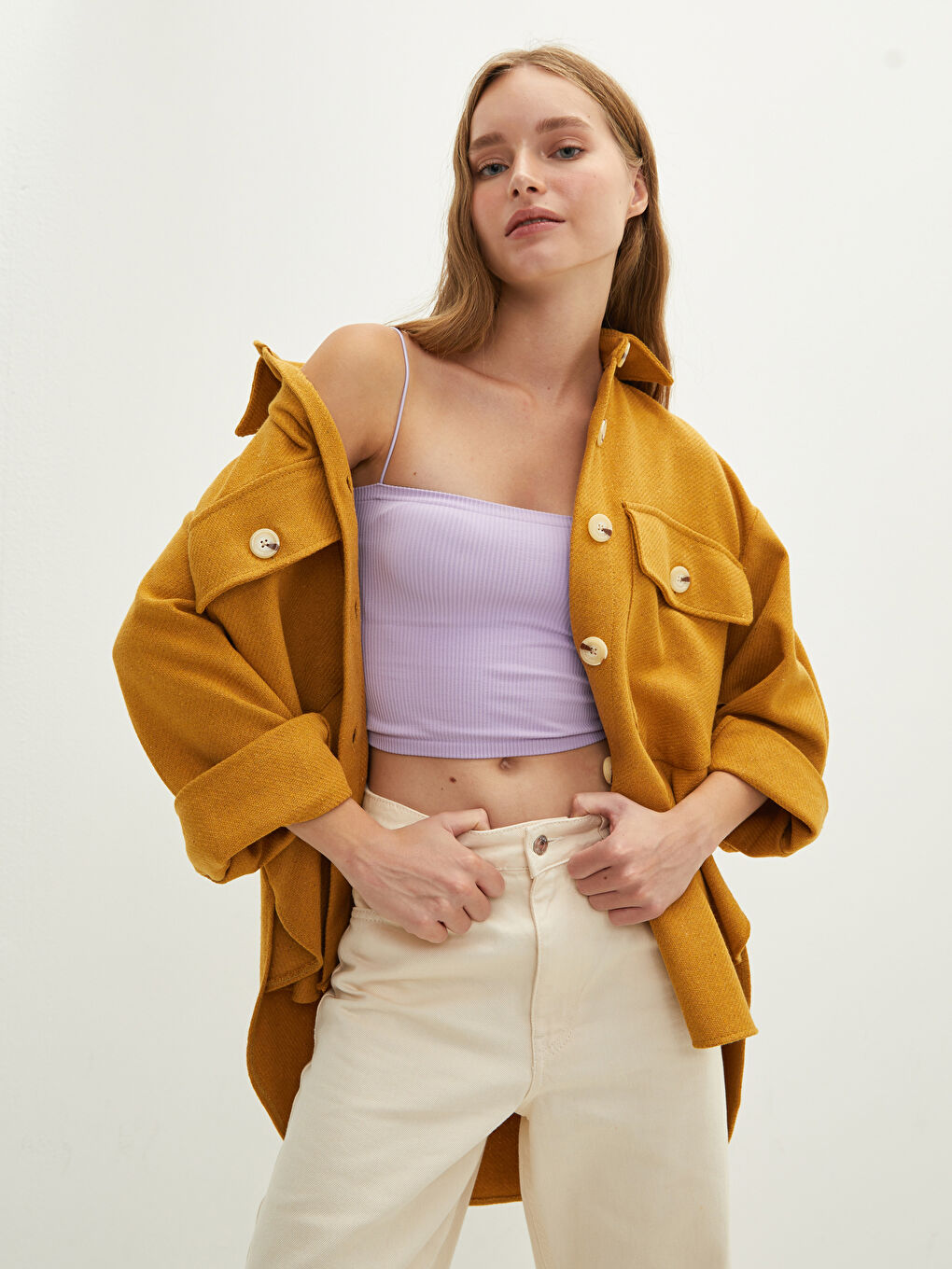 Sarı Önden Düğme Kapamalı Uzun Kollu Kadın Gömlek Ceket-1