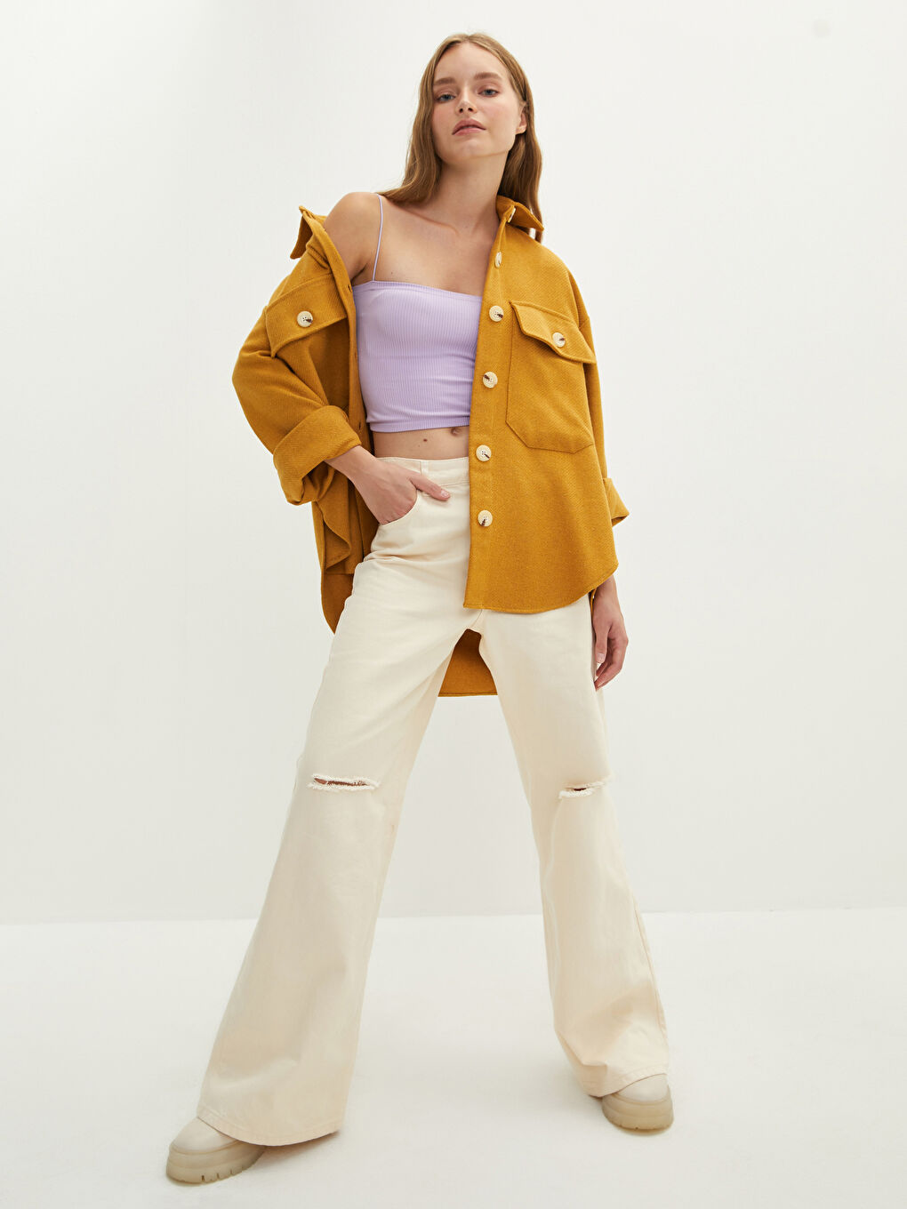 Sarı Önden Düğme Kapamalı Uzun Kollu Kadın Gömlek Ceket-3