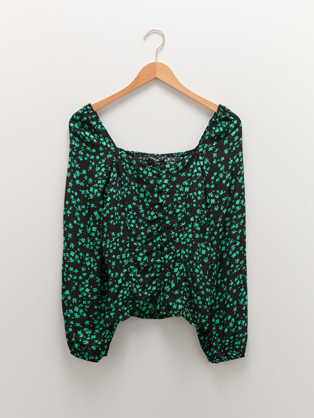 Yeşil Kare Yaka Çiçekli Uzun Kollu Maroken Kadın Bluz-5