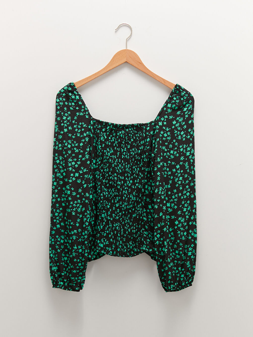 Yeşil Kare Yaka Çiçekli Uzun Kollu Maroken Kadın Bluz-6