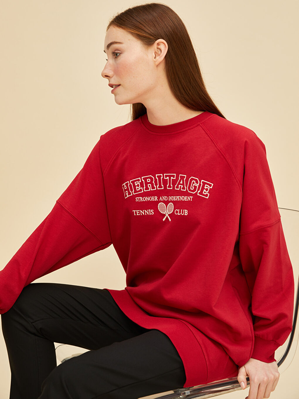 LCW Modest Crew Neck Embroidered Long Sleeve Women's Sweatshirt Tunic -W1G120Z8-RWY