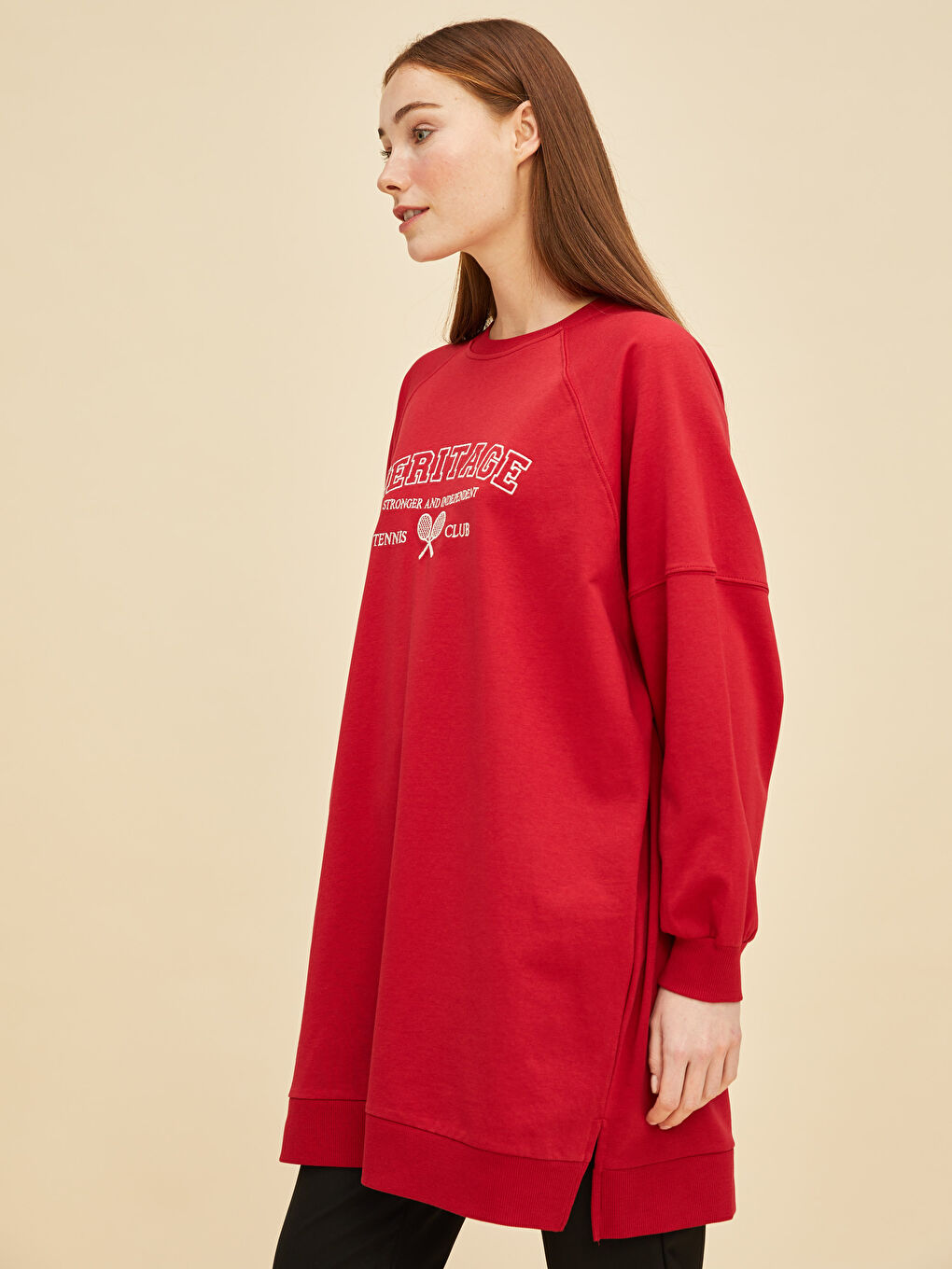 LCW Modest Crew Neck Embroidered Long Sleeve Women's Sweatshirt Tunic -W1G120Z8-RWY